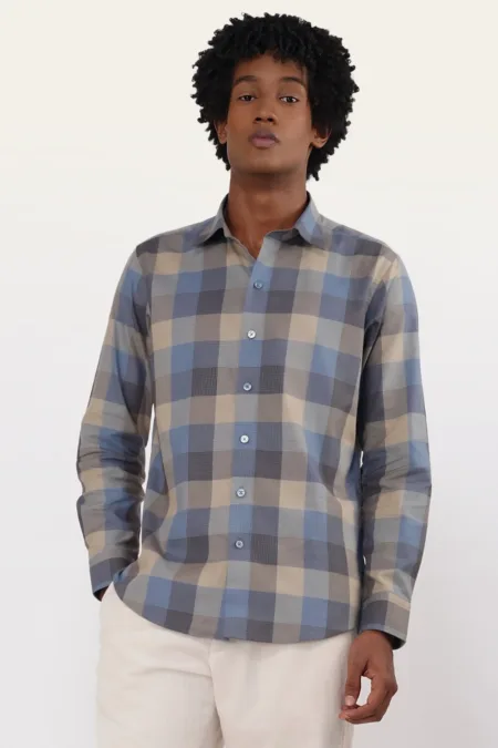 Classic Blue Beige Check Slim Fit Shirt