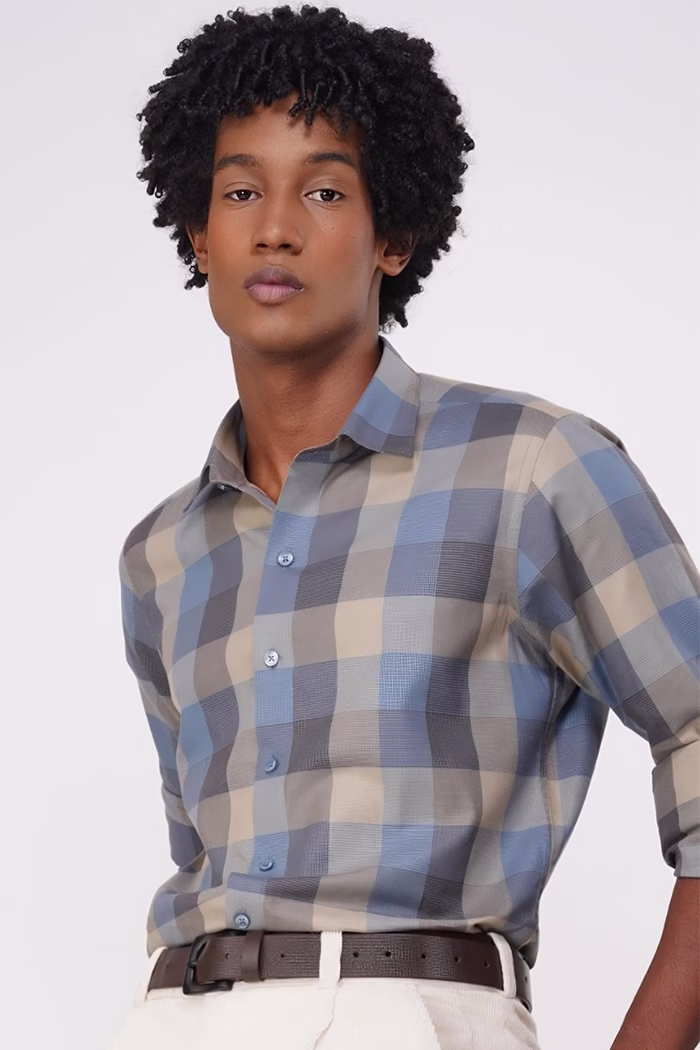Classic Blue Beige Check Slim Fit Shirt