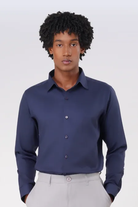 Derris Supreme Navy Solid Textured Wrinkle Free Shirt