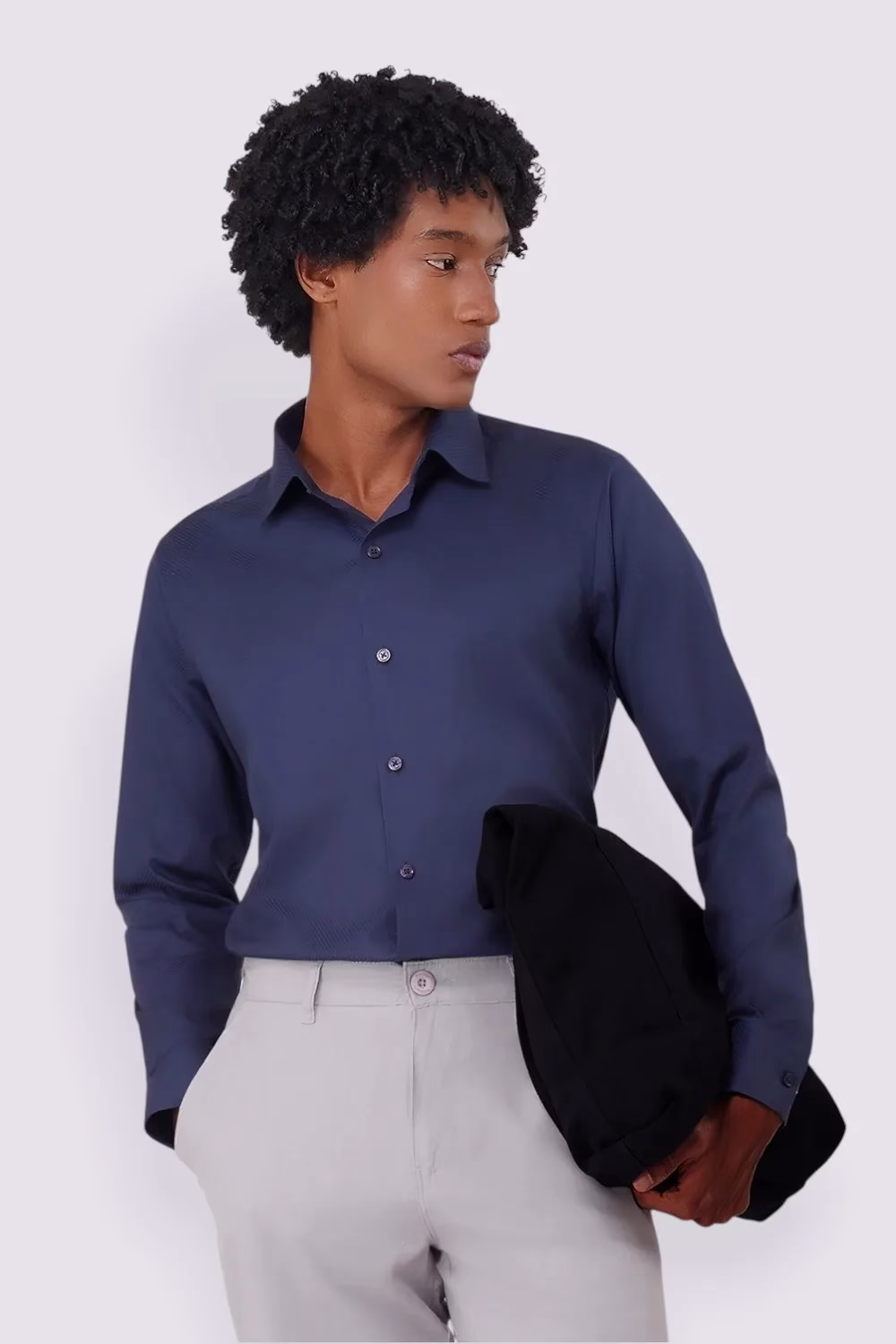 Derris Supreme Navy Solid Textured Wrinkle Free Shirt