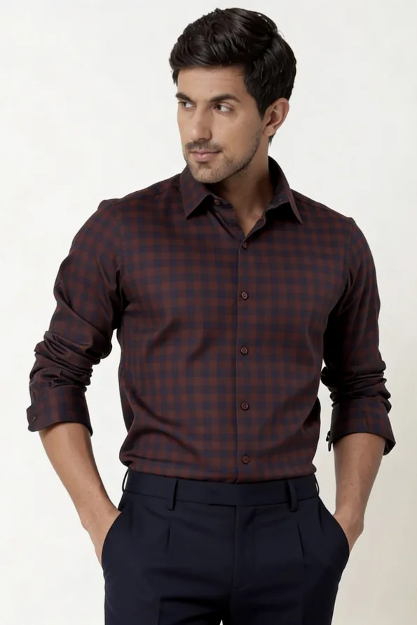 Derris Executive Woven Check Cotton Shirt - Maroon Navy
