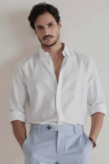 Derris Signature Precision Striped Cotton Shirt - Light Blue - Detail View 1